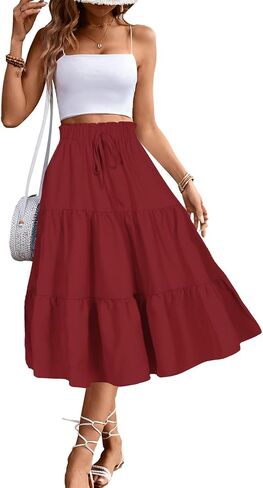 Women's High Elastic Waist Midi Skirt Casual Summer Trendy Tie Front Flowy Ruffle Floral Print A line Skirts DS626 in Kuwait