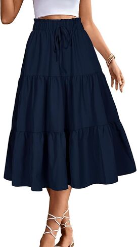 Women's High Elastic Waist Midi Skirt Casual Summer Trendy Tie Front Flowy Ruffle Floral Print A line Skirts DS626 in Kuwait