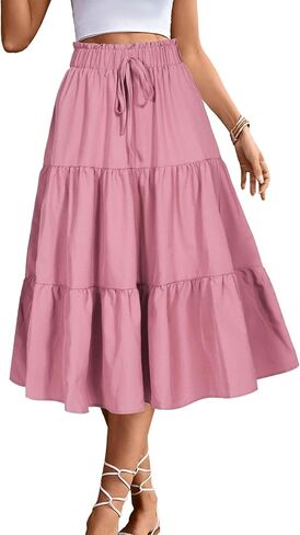 Women's High Elastic Waist Midi Skirt Casual Summer Trendy Tie Front Flowy Ruffle Floral Print A line Skirts DS626 in Kuwait