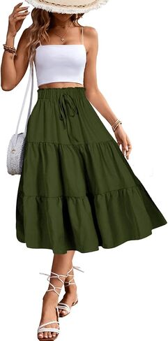 Women's High Elastic Waist Midi Skirt Casual Summer Trendy Tie Front Flowy Ruffle Floral Print A line Skirts DS626 in Kuwait