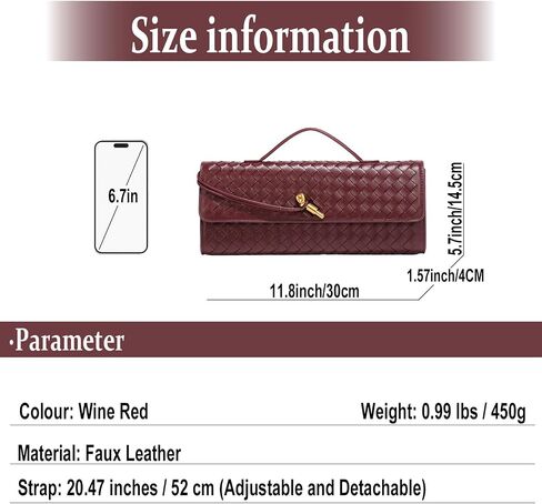 Evening Woven Handbag for Women PU Leather Clutch Purses Removable Strap Shoulder Bag Fashion Crossbody Tote Bag (Wine Red) in Saudi Arabia