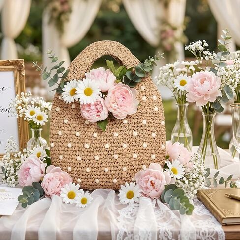 Thinkday Women's Micro Straw Beaded Bag Summer Straw Woven Beach Bag Beaded Top Handle Handbag Evening Purse Wedding Clutch Vacation Tote Wristlet Woven Handbag for Travel in Kuwait