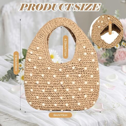 Thinkday Women's Micro Straw Beaded Bag Summer Straw Woven Beach Bag Beaded Top Handle Handbag Evening Purse Wedding Clutch Vacation Tote Wristlet Woven Handbag for Travel in Kuwait