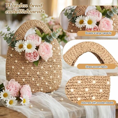 Thinkday Women's Micro Straw Beaded Bag Summer Straw Woven Beach Bag Beaded Top Handle Handbag Evening Purse Wedding Clutch Vacation Tote Wristlet Woven Handbag for Travel in Kuwait