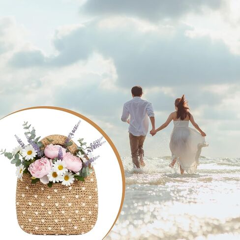 Thinkday Women's Micro Straw Beaded Bag Summer Straw Woven Beach Bag Beaded Top Handle Handbag Evening Purse Wedding Clutch Vacation Tote Wristlet Woven Handbag for Travel in Kuwait