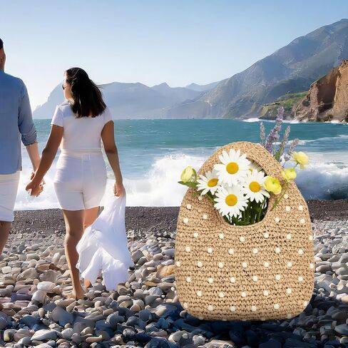 Thinkday Women's Micro Straw Beaded Bag Summer Straw Woven Beach Bag Beaded Top Handle Handbag Evening Purse Wedding Clutch Vacation Tote Wristlet Woven Handbag for Travel in Kuwait