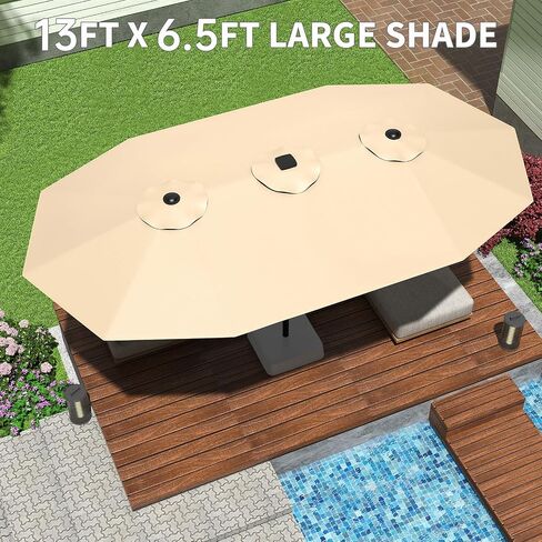 13Ft Large Patio Umbrella Outdoor Double-Sided Rectangle Market Umbrella with Easy Crank Handle, Durable Weather-Resistant Fabric, UV Protection, Perfect for Pool, Lawn, and Garden-Beige in Kuwait