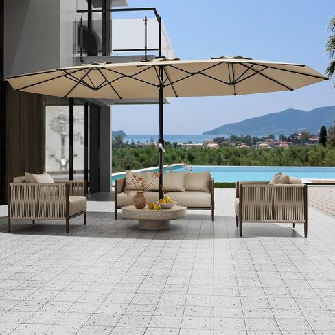 13Ft Large Patio Umbrella Outdoor Double-Sided Rectangle Market Umbrella with Easy Crank Handle, Durable Weather-Resistant Fabric, UV Protection, Perfect for Pool, Lawn, and Garden-Beige in Kuwait