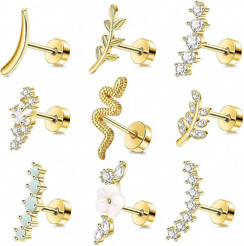9Pcs Gold Flat Back Earrings Set for Women - Cartilage Earrings, Tragus Helix Conch Screw Back Stud Piercing Jewelry in Saudi Arabia