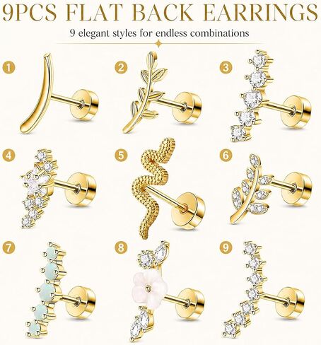 9Pcs Gold Flat Back Earrings Set for Women - Cartilage Earrings, Tragus Helix Conch Screw Back Stud Piercing Jewelry in Saudi Arabia