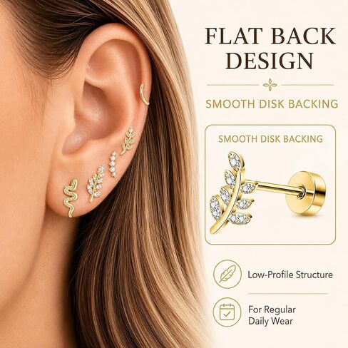 9Pcs Gold Flat Back Earrings Set for Women - Cartilage Earrings, Tragus Helix Conch Screw Back Stud Piercing Jewelry in Saudi Arabia