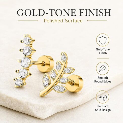 9Pcs Gold Flat Back Earrings Set for Women - Cartilage Earrings, Tragus Helix Conch Screw Back Stud Piercing Jewelry in Saudi Arabia