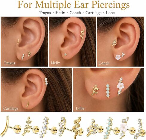 9Pcs Gold Flat Back Earrings Set for Women - Cartilage Earrings, Tragus Helix Conch Screw Back Stud Piercing Jewelry in Saudi Arabia