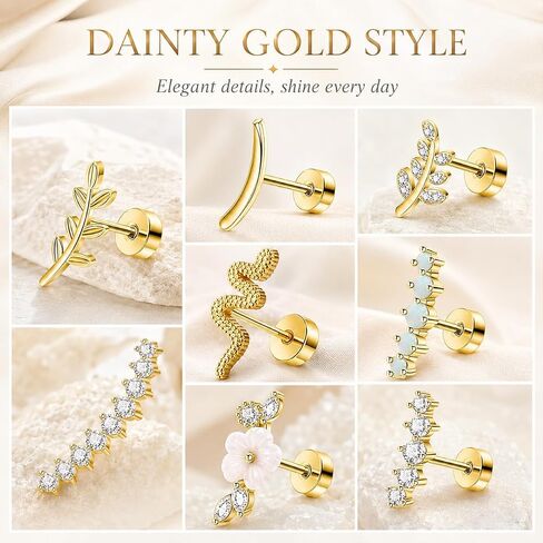 9Pcs Gold Flat Back Earrings Set for Women - Cartilage Earrings, Tragus Helix Conch Screw Back Stud Piercing Jewelry in Saudi Arabia