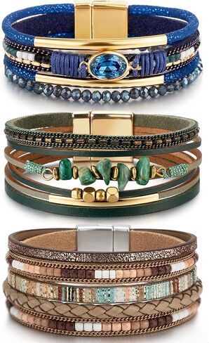 LOWNOUR Boho Bracelets for Women 3pcs Leather Bracelet for Women Western Jewlery Leopard Multi-Layer Crystal Beads Stone Leather Cuff Wrap Bracelets in Saudi Arabia