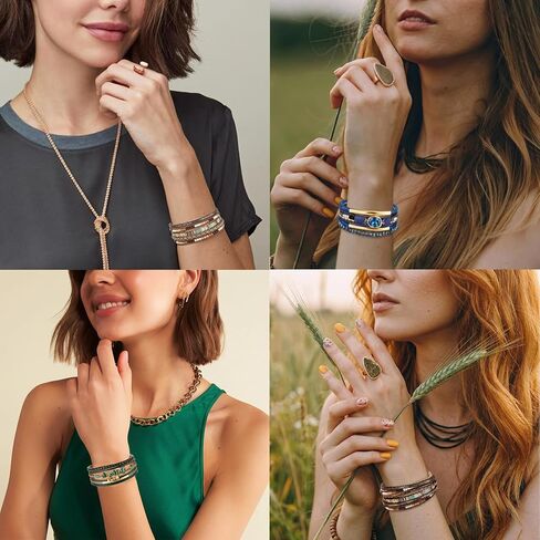 LOWNOUR Boho Bracelets for Women 3pcs Leather Bracelet for Women Western Jewlery Leopard Multi-Layer Crystal Beads Stone Leather Cuff Wrap Bracelets in Saudi Arabia