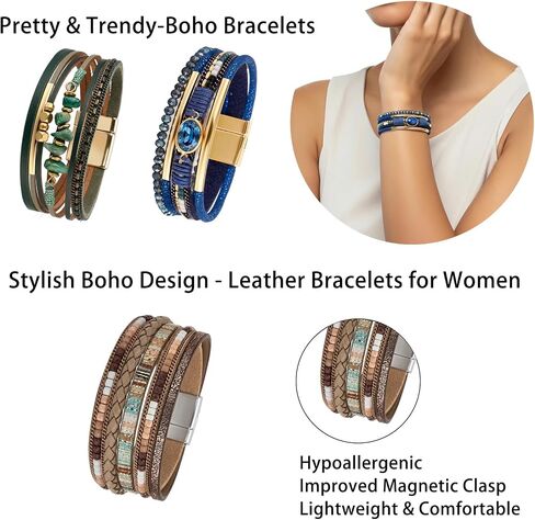 LOWNOUR Boho Bracelets for Women 3pcs Leather Bracelet for Women Western Jewlery Leopard Multi-Layer Crystal Beads Stone Leather Cuff Wrap Bracelets in Saudi Arabia