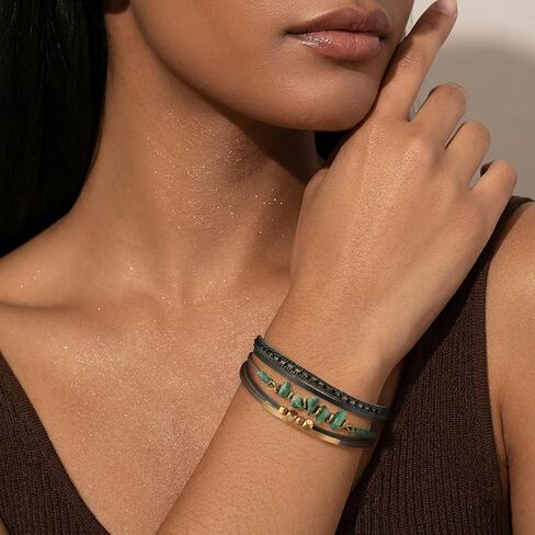 LOWNOUR Boho Bracelets for Women 3pcs Leather Bracelet for Women Western Jewlery Leopard Multi-Layer Crystal Beads Stone Leather Cuff Wrap Bracelets in Saudi Arabia