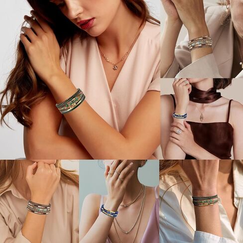 LOWNOUR Boho Bracelets for Women 3pcs Leather Bracelet for Women Western Jewlery Leopard Multi-Layer Crystal Beads Stone Leather Cuff Wrap Bracelets in Saudi Arabia