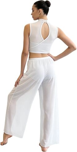 Women Lyrical Dance Costumes Two Piece Outfit Sleeveless Tank Top with Mesh Wide Leg Pants Set in Saudi Arabia