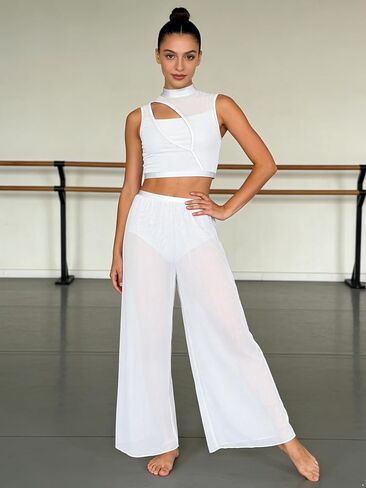 Women Lyrical Dance Costumes Two Piece Outfit Sleeveless Tank Top with Mesh Wide Leg Pants Set in Saudi Arabia