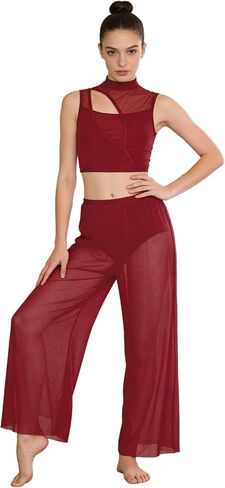 Women Lyrical Dance Costumes Two Piece Outfit Sleeveless Tank Top with Mesh Wide Leg Pants Set in Saudi Arabia