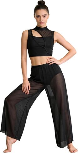 Women Lyrical Dance Costumes Two Piece Outfit Sleeveless Tank Top with Mesh Wide Leg Pants Set in Saudi Arabia