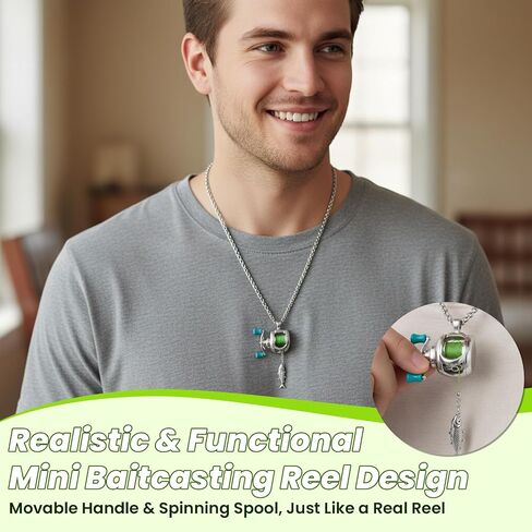Fishing Reel Necklace for Men Gear Spinning Keychain Fisherman Fish Pendant Women Accesorios De Pesca Hook With Reel Mini Ring Functional Catfish 2-In-1 Miniature Rotating Handle Charm Outdoor in Saudi Arabia