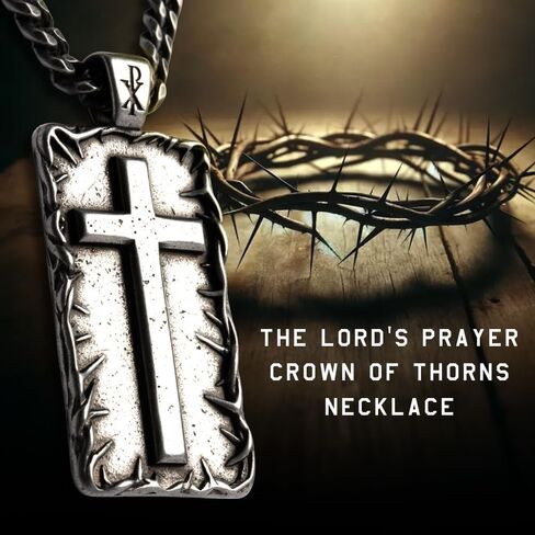 Hero Company Cross Necklace for Men - ‘The Lord’s Prayer Crown of Thorns’ Men’s Necklace for Father's Day - Helps Pair Veterans With A Service Dog in Saudi Arabia