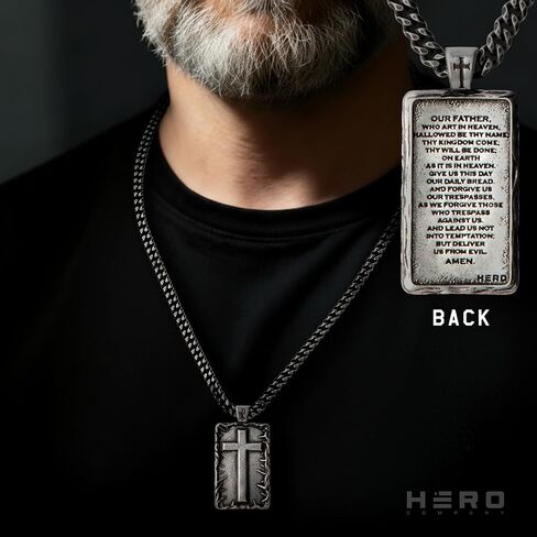 Hero Company Cross Necklace for Men - ‘The Lord’s Prayer Crown of Thorns’ Men’s Necklace for Father's Day - Helps Pair Veterans With A Service Dog in Saudi Arabia