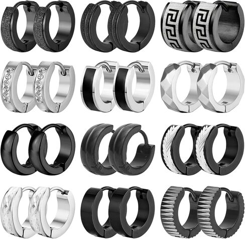 12 Pairs Stainless Steel Hoop Earrings for Men Hypoallergenic Earring Unisex Earring Black Silver Hoop Earrings for Women Men in Saudi Arabia