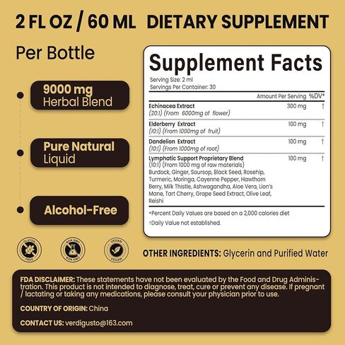 Lymphatic Support Drops, Lymphatic Supplement | Echinacea, Elderberry & Dandelion | Supports Lymphatic Health, Immune Wellness & Antioxidant Support | Non-GMO, Green Apple Flavor | 2 fl oz in Saudi Arabia