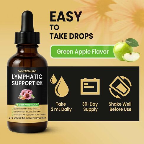 Lymphatic Support Drops, Lymphatic Supplement | Echinacea, Elderberry & Dandelion | Supports Lymphatic Health, Immune Wellness & Antioxidant Support | Non-GMO, Green Apple Flavor | 2 fl oz in Saudi Arabia