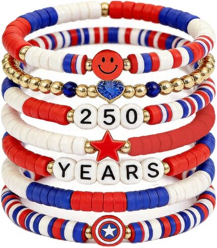 250th Anniversary Bracelet USA 4th of July Accessories for Women Men Teens Red White Blue Clay Beaded Stackable Stretch Bracelets USA Patriotic Wristband Fourth of July Gifts in Kuwait