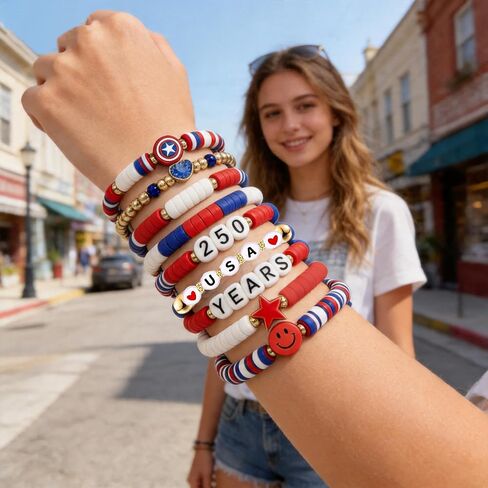 250th Anniversary Bracelet USA 4th of July Accessories for Women Men Teens Red White Blue Clay Beaded Stackable Stretch Bracelets USA Patriotic Wristband Fourth of July Gifts in Kuwait