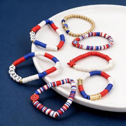 250th Anniversary Bracelet USA 4th of July Accessories for Women Men Teens Red White Blue Clay Beaded Stackable Stretch Bracelets USA Patriotic Wristband Fourth of July Gifts in Kuwait