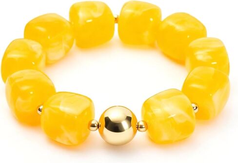 Chunky Cube Beaded Stretch Bracelet for Women Marble Pattern Acrylic Elastic Bangle with Gold Bead Accent Boho Vintage Statement Jewelry for Daily Wear Vacation Party Gift in Saudi Arabia