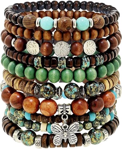 10 Pcs Stackable Bohemian Beaded Bracelets for Women Men, Nature Tree Butterfly Turquoise Wooden Beads Stretch Boho Bracelets Handmade Boho Hippie Western Chic Earthy Jewelry Gift in Saudi Arabia