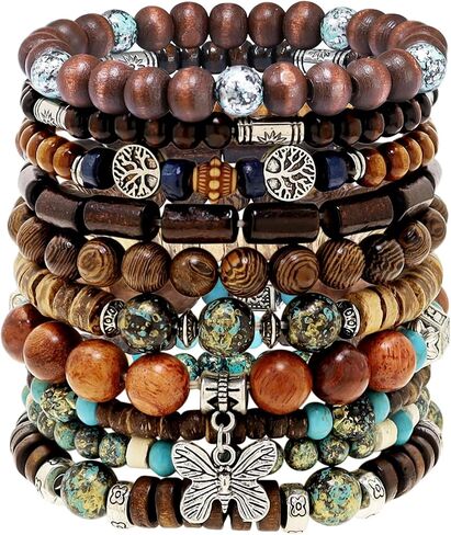 10 Pcs Stackable Bohemian Beaded Bracelets for Women Men, Nature Tree Butterfly Turquoise Wooden Beads Stretch Boho Bracelets Handmade Boho Hippie Western Chic Earthy Jewelry Gift in Saudi Arabia