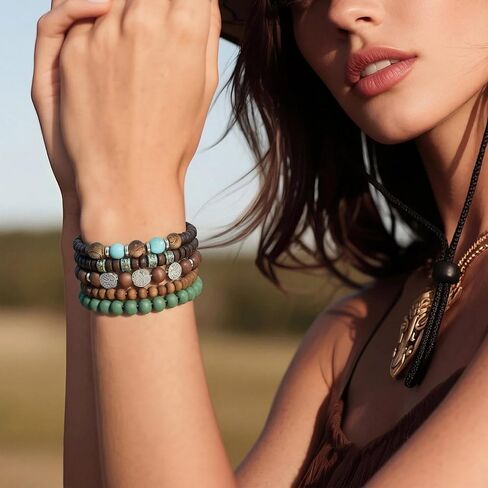 10 Pcs Stackable Bohemian Beaded Bracelets for Women Men, Nature Tree Butterfly Turquoise Wooden Beads Stretch Boho Bracelets Handmade Boho Hippie Western Chic Earthy Jewelry Gift in Saudi Arabia