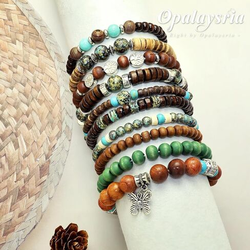 10 Pcs Stackable Bohemian Beaded Bracelets for Women Men, Nature Tree Butterfly Turquoise Wooden Beads Stretch Boho Bracelets Handmade Boho Hippie Western Chic Earthy Jewelry Gift in Saudi Arabia