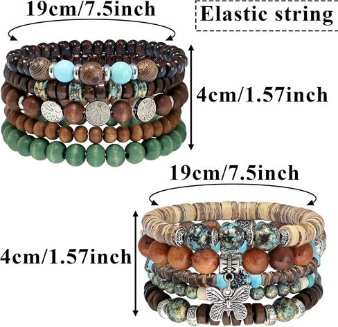 10 Pcs Stackable Bohemian Beaded Bracelets for Women Men, Nature Tree Butterfly Turquoise Wooden Beads Stretch Boho Bracelets Handmade Boho Hippie Western Chic Earthy Jewelry Gift in Saudi Arabia