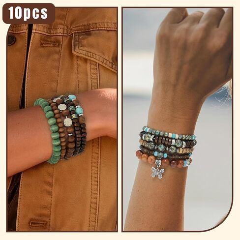 10 Pcs Stackable Bohemian Beaded Bracelets for Women Men, Nature Tree Butterfly Turquoise Wooden Beads Stretch Boho Bracelets Handmade Boho Hippie Western Chic Earthy Jewelry Gift in Saudi Arabia