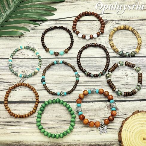 10 Pcs Stackable Bohemian Beaded Bracelets for Women Men, Nature Tree Butterfly Turquoise Wooden Beads Stretch Boho Bracelets Handmade Boho Hippie Western Chic Earthy Jewelry Gift in Saudi Arabia