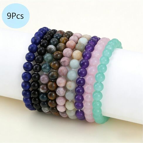 DELUU 9 قطع 8 ملم أساور من الأحجار الكريمة شبه الكريمة للنساء | أحجار كريمة شبه ثمينة، عين النمر، حجر السج، خرزة مستديرة، تصميم مطاطي، متين وقوي، أساور خرز لليوجا، هدية العيد in Kuwait
