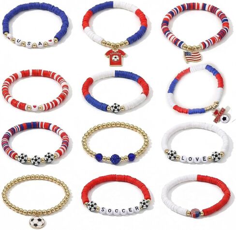 Spiritlele 12pcs World Cup Bracelets Set Red White Blue Clay Bead Wristband Stackable USA Soccer Charm Stretch Bracelet For Women Football Sports Fans Jewelry Gift in Saudi Arabia