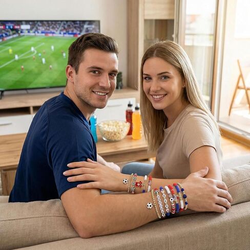 Spiritlele 12pcs World Cup Bracelets Set Red White Blue Clay Bead Wristband Stackable USA Soccer Charm Stretch Bracelet For Women Football Sports Fans Jewelry Gift in Saudi Arabia