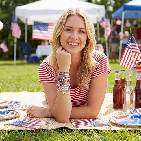 Spiritlele 12pcs World Cup Bracelets Set Red White Blue Clay Bead Wristband Stackable USA Soccer Charm Stretch Bracelet For Women Football Sports Fans Jewelry Gift in Saudi Arabia