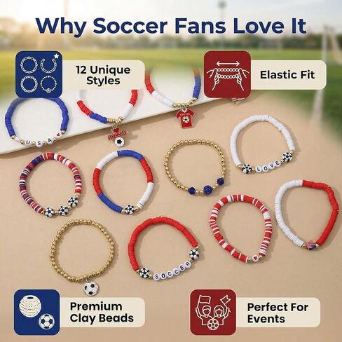 Spiritlele 12pcs World Cup Bracelets Set Red White Blue Clay Bead Wristband Stackable USA Soccer Charm Stretch Bracelet For Women Football Sports Fans Jewelry Gift in Saudi Arabia