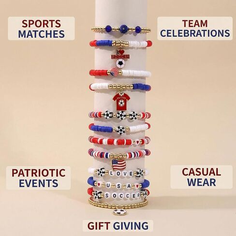 Spiritlele 12pcs World Cup Bracelets Set Red White Blue Clay Bead Wristband Stackable USA Soccer Charm Stretch Bracelet For Women Football Sports Fans Jewelry Gift in Saudi Arabia